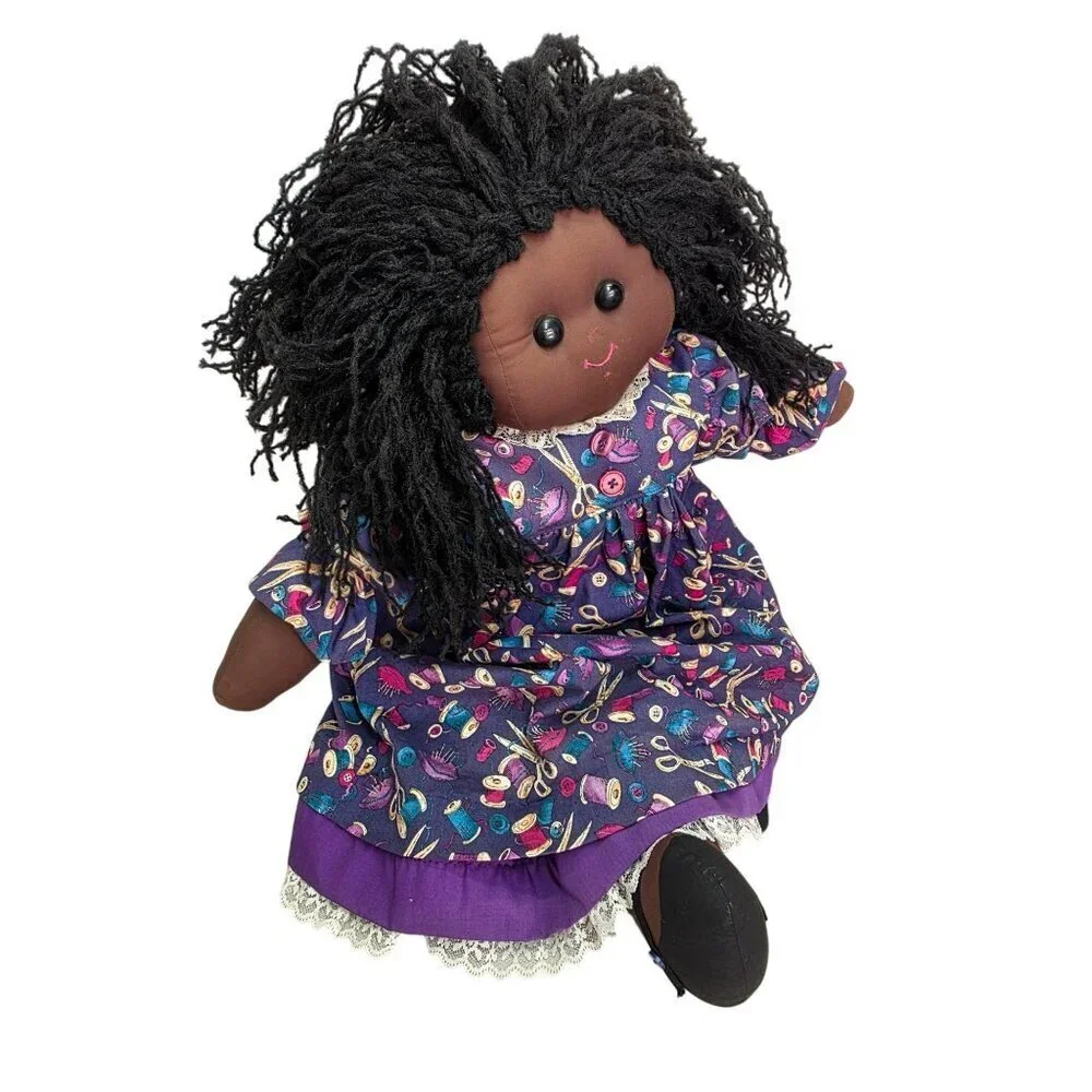 Handmade 90/00s 26″ African American Cloth Rag Doll Yarn Hair Folk Art Vtg Style